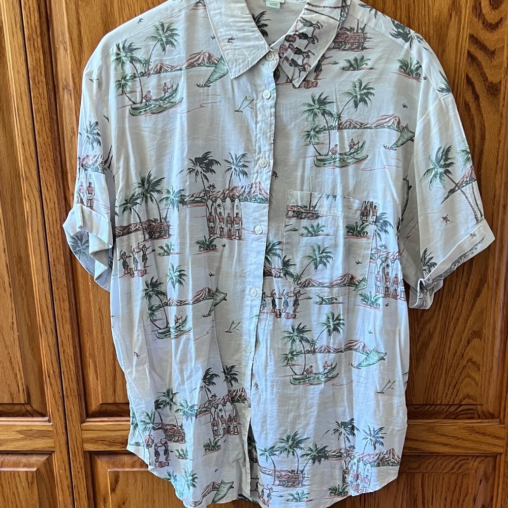 aerie Light creamTropical Print Short Sleeve Button-Up Shirt